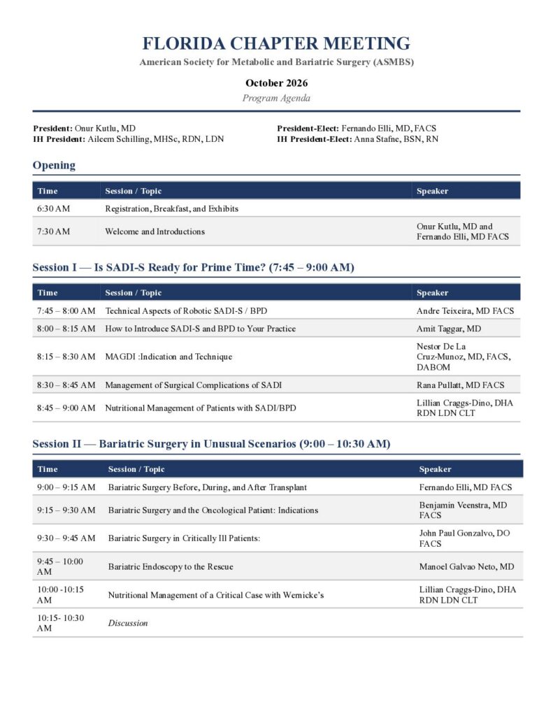 2026 ASMBS Florida State Chapter Annual Meeting Agenda